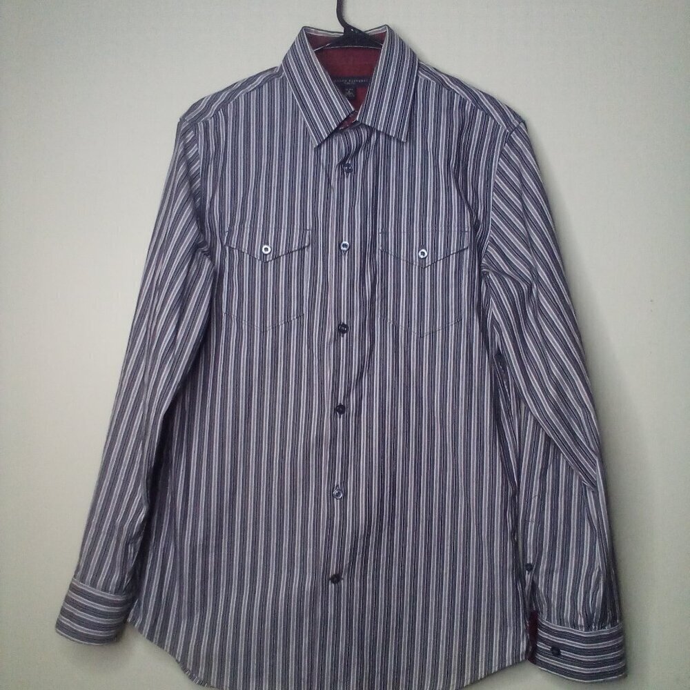 Banana Republic Shirt Men S 14 14 1/2 Slim Fit Button Up Pockets Stripe Gray Red